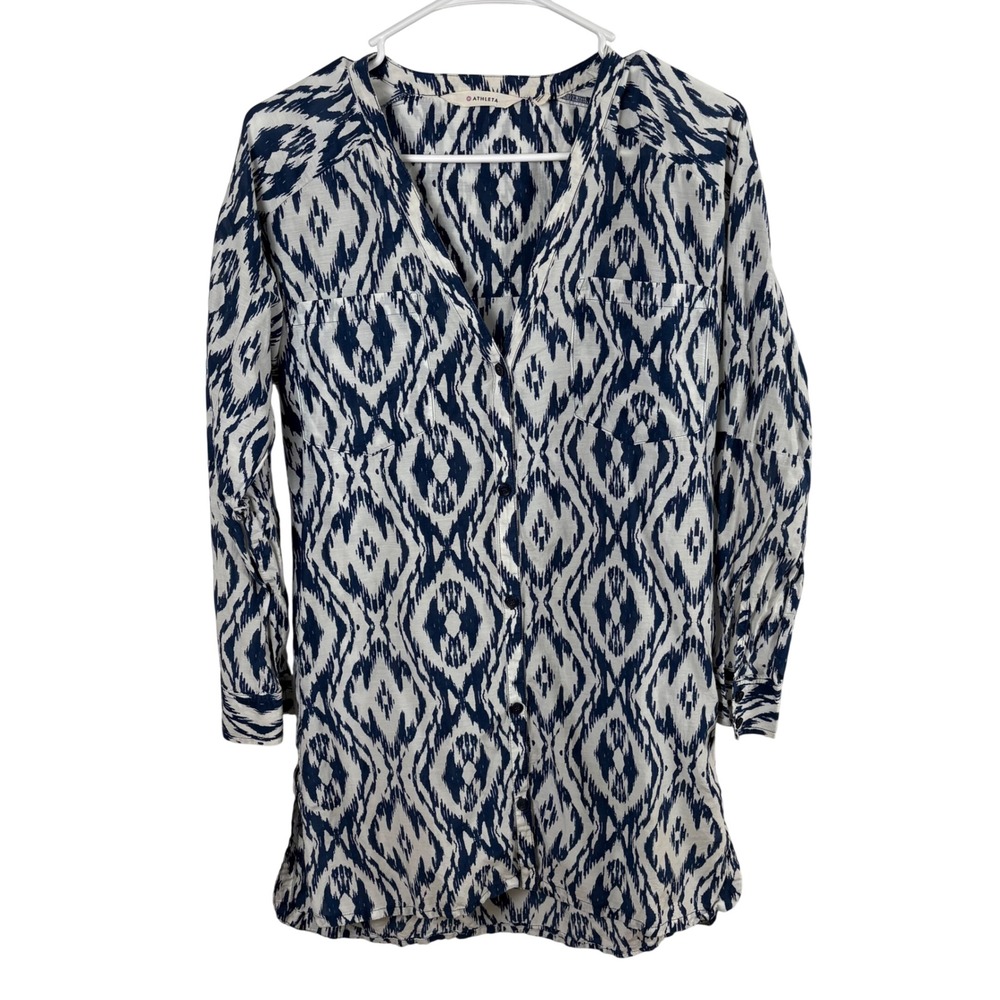 Athleta Swimsuit Cover Up Tunic Size‎ S Navy Blue Ikat Print Cotton Silk Boho